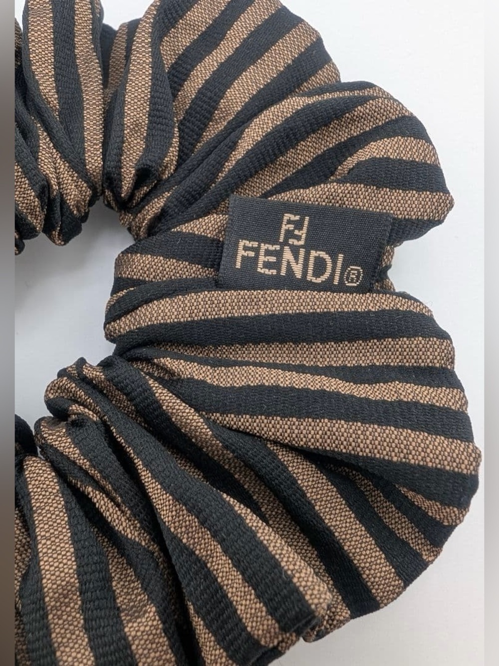 FENDI Vintage Pequin Pecan Stripe Scrunchie Brown Black Hair Tie